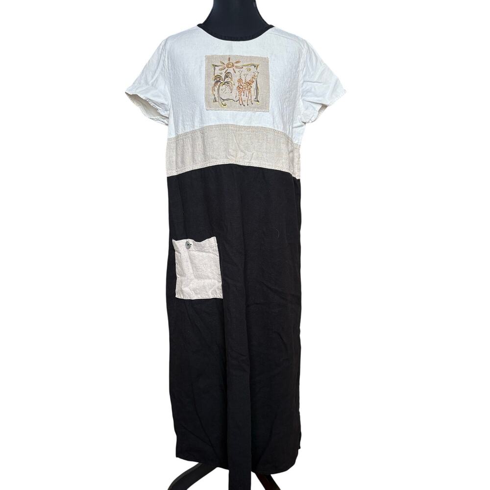 California Concepts vintage neutral linen short sleeve giraffe maxi dress SIZE M